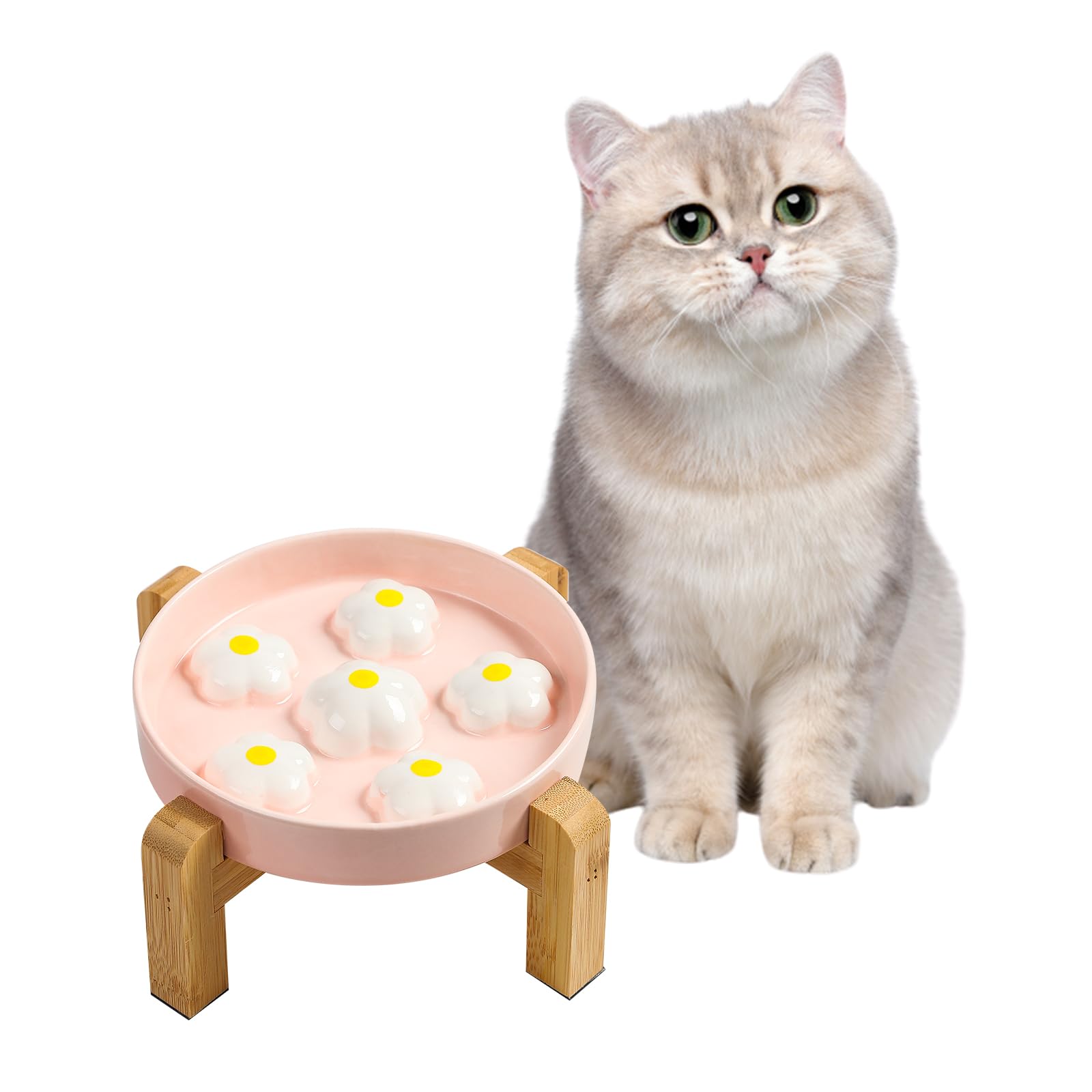 Erhöhte Slow Feeder Katzennapf - Erhobener Katzennapf mit rutschfestem Bambusständer - Slow Feeding Katzenteller - Farbenreiches Labyrinth-Katzengefäß für gesunde Ernährung - Spaßiger niedlicher Katzen-Puzzle-Feeder - 6 OZ - Weiße Blumen