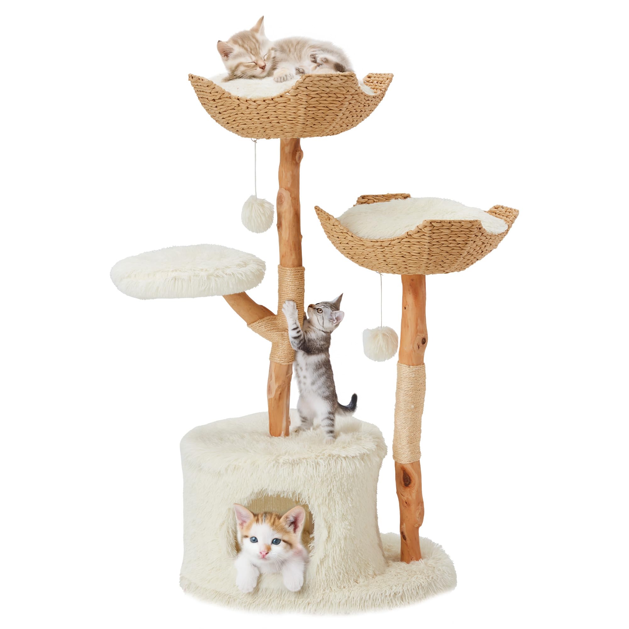 Holz Moderner Katzenbaum Niedlicher Katzenbaum mit Kratzpfosten Moderne Katzenkondos mit Sprungplattformen und 2 Katzenbetten Luxus Katzenbaumhaus Katzenturm für Innenkatzen - Samtweiß
