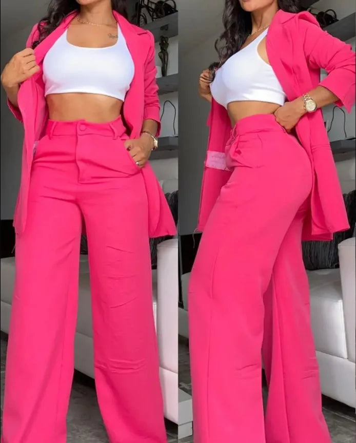 Damen-Set im europäischen Stil Mantel und lange Hose – ideal für das Büro; einfarbig, langärmelig, mit Reverskragen, leichte Anzugjacke und gerade geschnittene Hose.