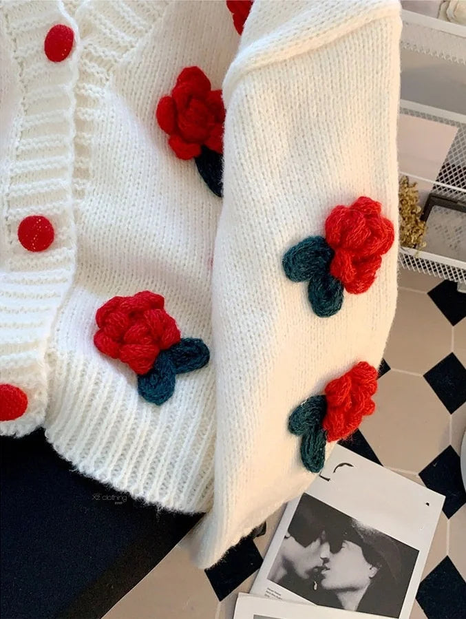 Damen-Strickjacke für Herbst und Winter – Oversize-Modell mit Blumenmuster und offener Front