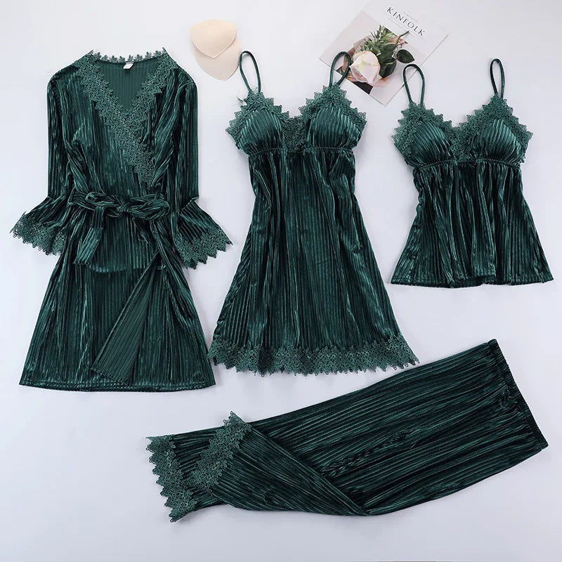 Neues 3-teiliges Damen-Pyjama-Set aus goldenem Samt warm, sexy mit Spitze, ideal als Winter-Nachtwäsche oder Homewear