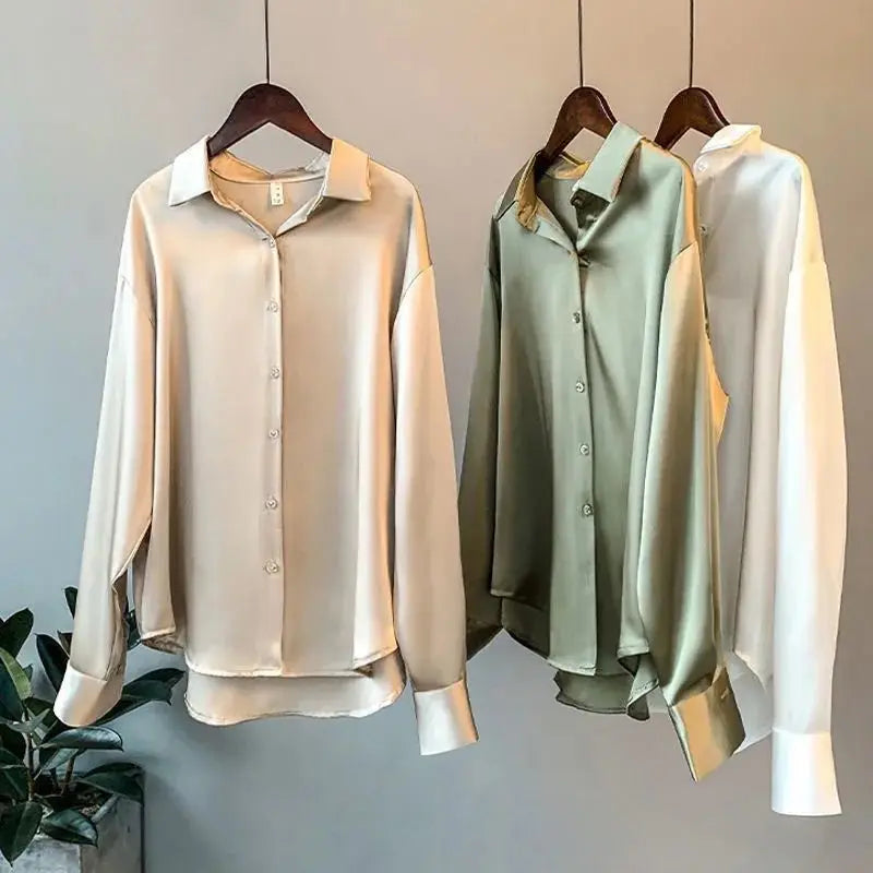 Damen-Satinbluse im koreanischen Retro-Stil – Langarm, unifarben, gerade geschnitten (ideal für Frühling & Herbst)