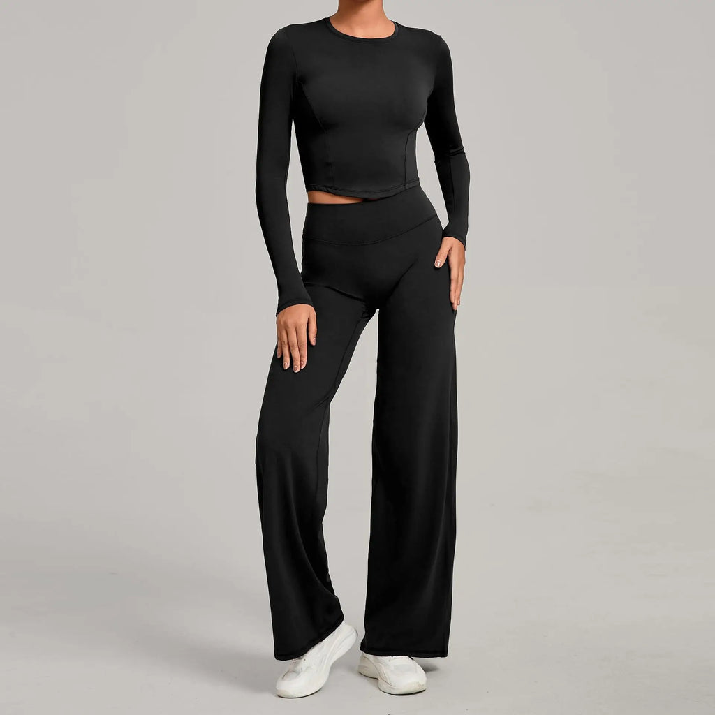Figurbetontes -sport Set für Damen: Langärmeliges Crop-Top & ausgestellte Hose mit hoher Taille