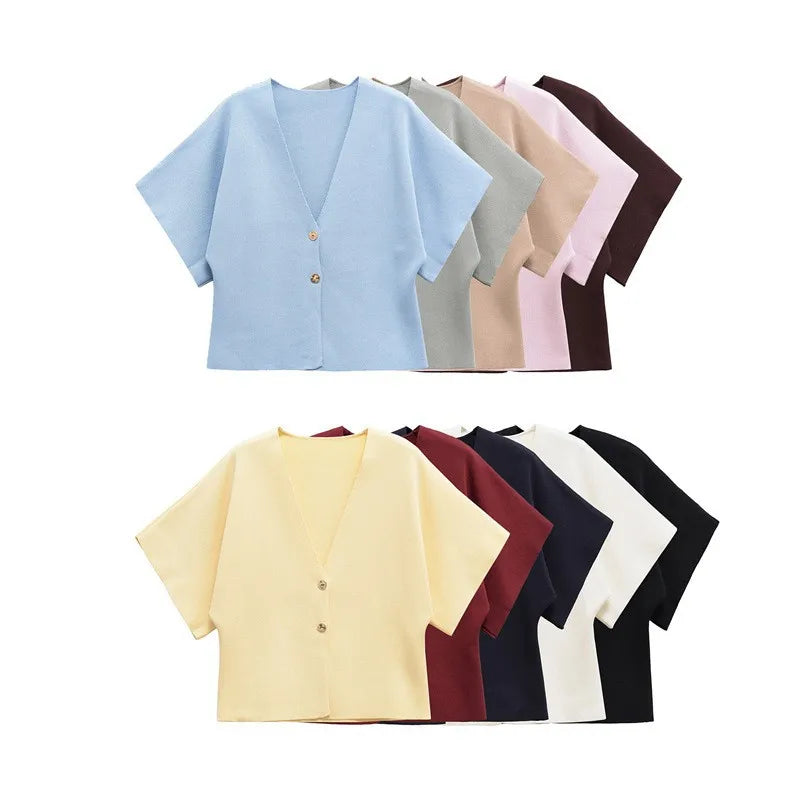 Neue schlichte, sportliche Damen-Strickjacke mit V-Ausschnitt und kurzen Ärmeln – Sehe Fashion