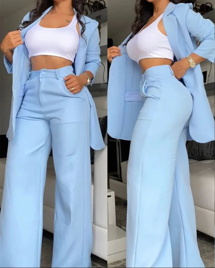 Damen-Set im europäischen Stil Mantel und lange Hose – ideal für das Büro; einfarbig, langärmelig, mit Reverskragen, leichte Anzugjacke und gerade geschnittene Hose.