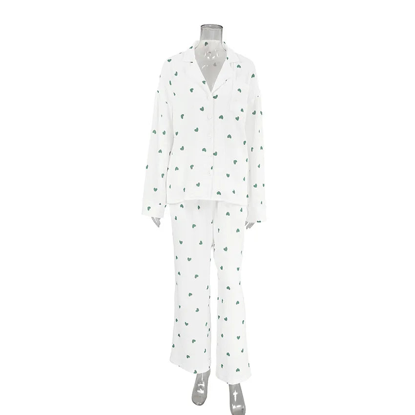 Kuscheliges 2-teiliges Damen-Schlafanzug-Set für den Winter – Langarm-Pyjama mit süßem Herzmuster