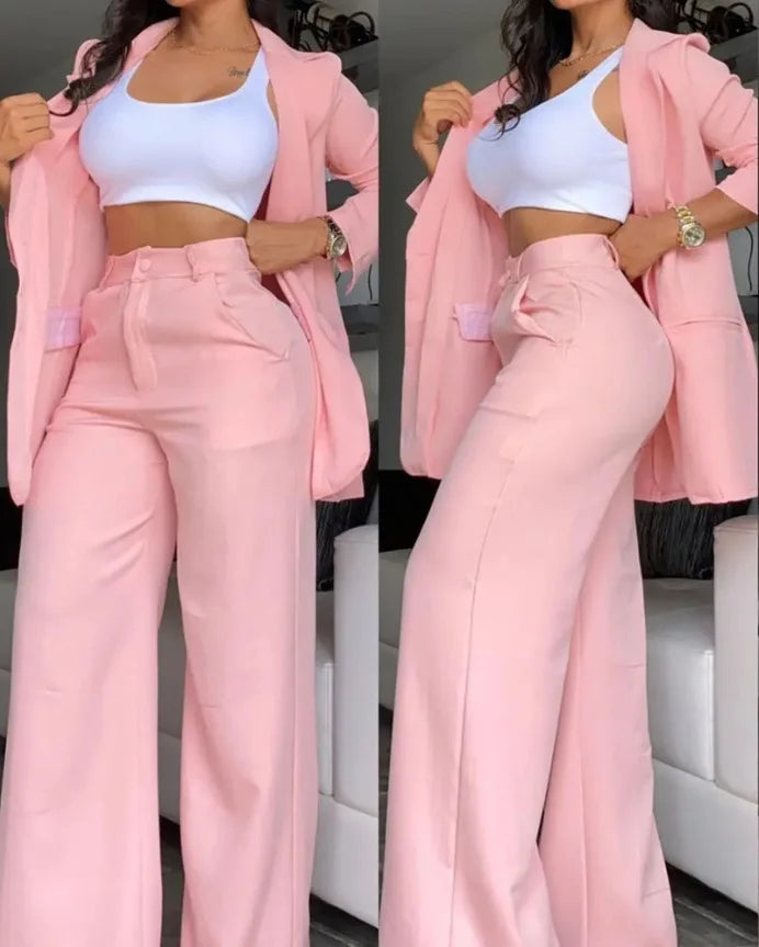 Damen-Set im europäischen Stil Mantel und lange Hose – ideal für das Büro; einfarbig, langärmelig, mit Reverskragen, leichte Anzugjacke und gerade geschnittene Hose.