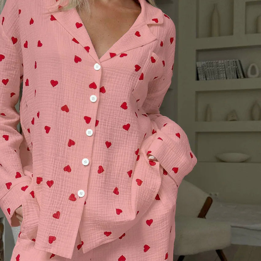 Kuscheliges 2-teiliges Damen-Schlafanzug-Set für den Winter – Langarm-Pyjama mit süßem Herzmuster