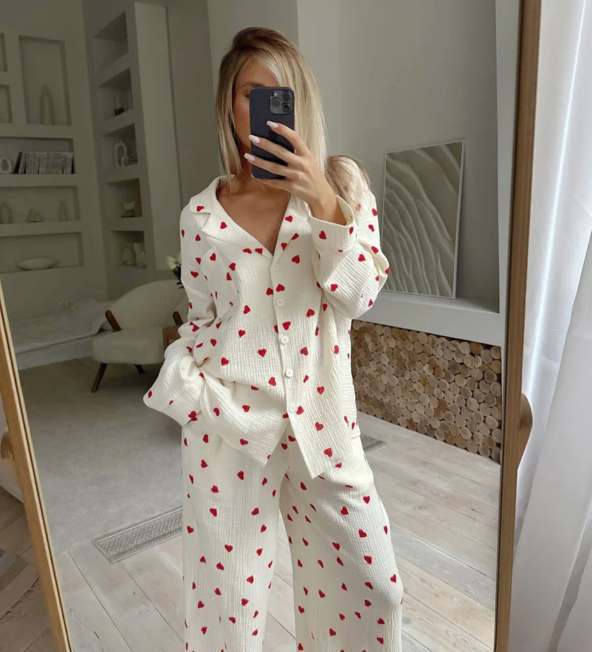 Kuscheliges 2-teiliges Damen-Schlafanzug-Set für den Winter – Langarm-Pyjama mit süßem Herzmuster