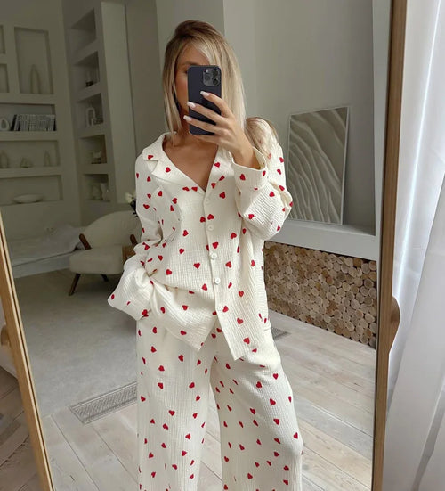 Kuscheliges 2-teiliges Damen-Schlafanzug-Set für den Winter – Langarm-Pyjama mit süßem Herzmuster