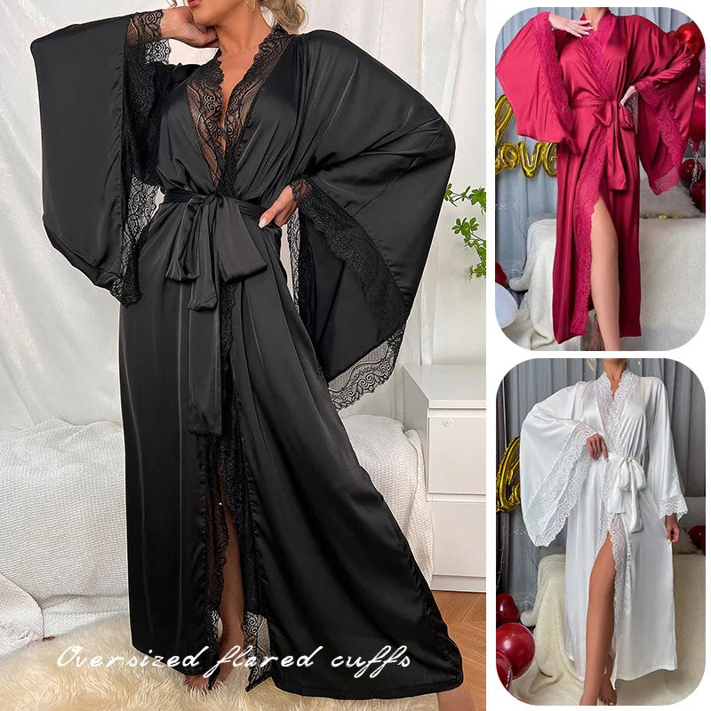 Modischer Damen-Bademantel aus Satin und Spitze mit langen Ärmeln – kühlendes Material
