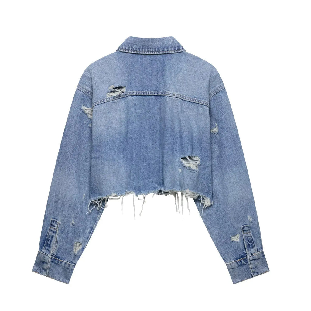 YUANBOFEI Damen-Jeansjacke – Kurze Jeansjacke im Destroyed-Look – Vintage-Oberbekleidung