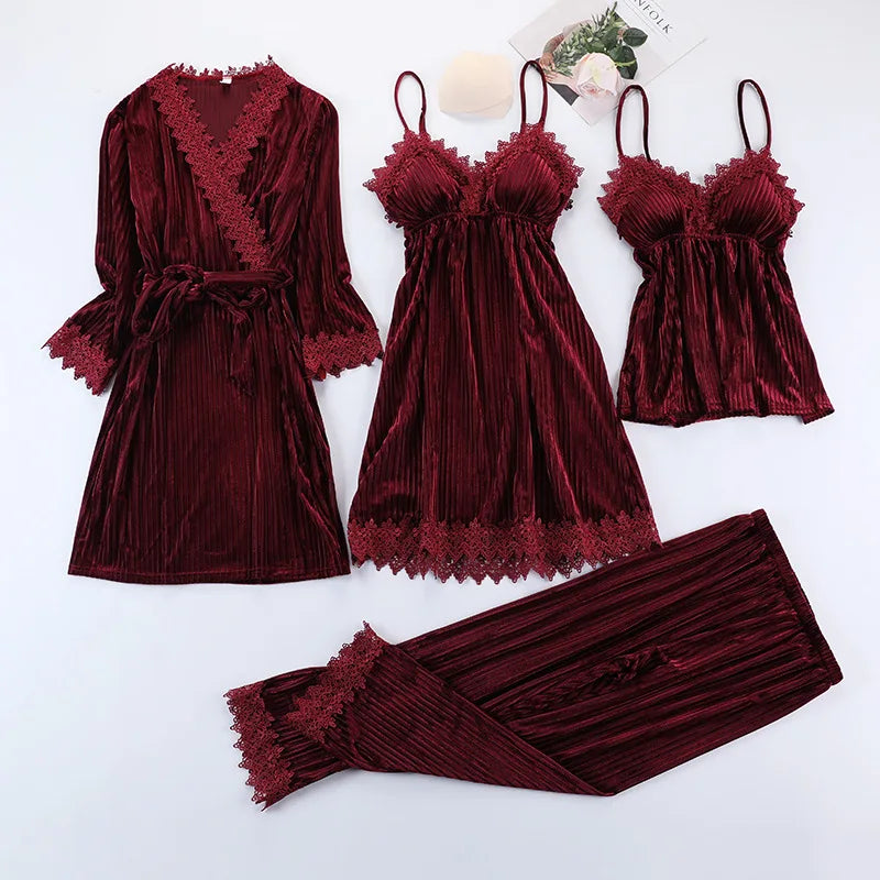 Neues 3-teiliges Damen-Pyjama-Set aus goldenem Samt warm, sexy mit Spitze, ideal als Winter-Nachtwäsche oder Homewear