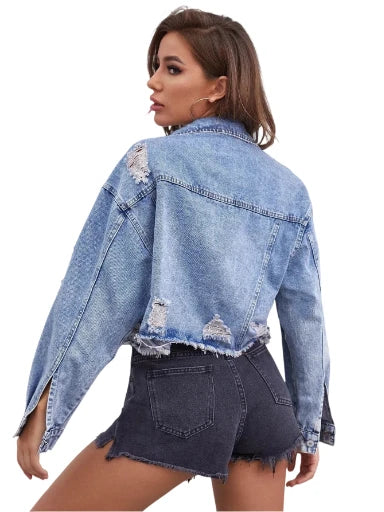 YUANBOFEI Damen-Jeansjacke (Cropped-Schnitt) im Baggy-Fit – Lässige Streetwear-Jacke mit Destroyed-Effekten und ausgefranstem Saum
