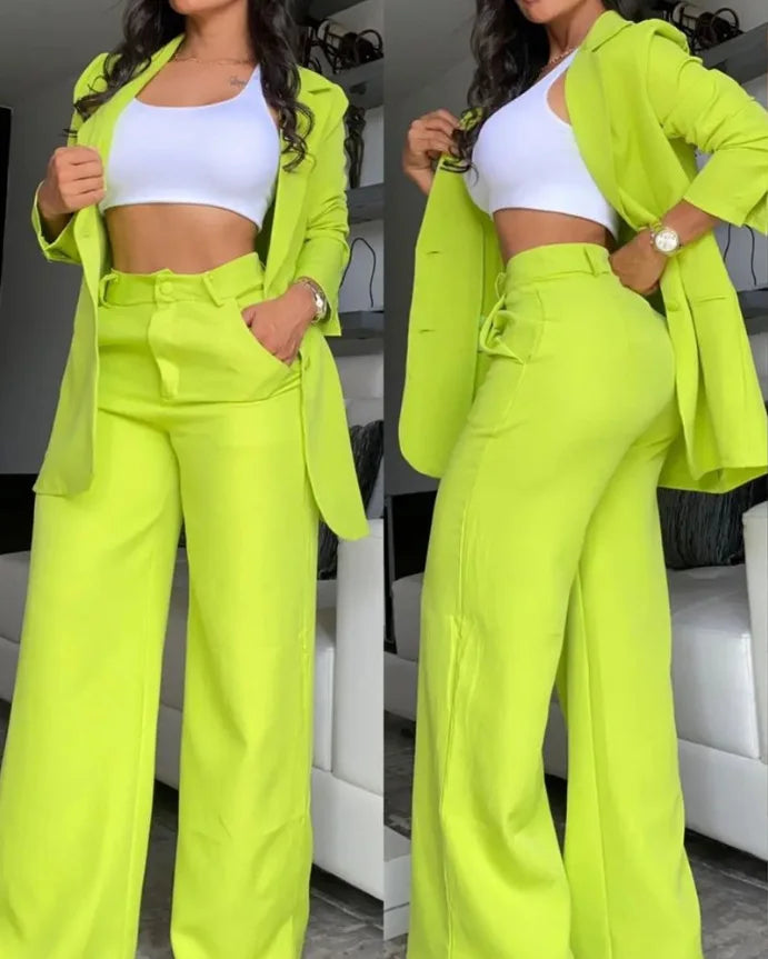 Damen-Set im europäischen Stil Mantel und lange Hose – ideal für das Büro; einfarbig, langärmelig, mit Reverskragen, leichte Anzugjacke und gerade geschnittene Hose.