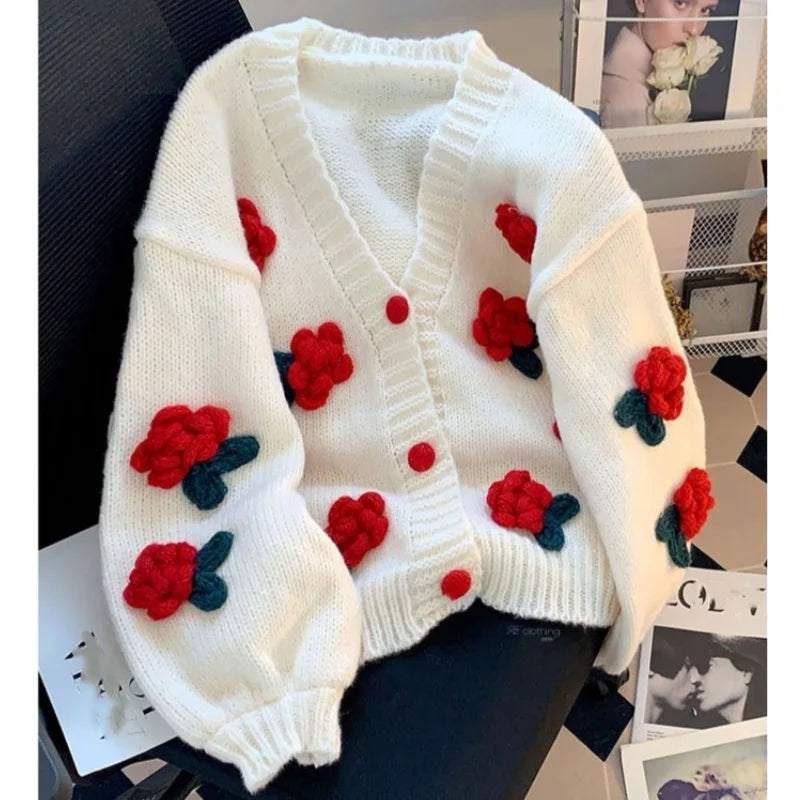 Damen-Strickjacke für Herbst und Winter – Oversize-Modell mit Blumenmuster und offener Front