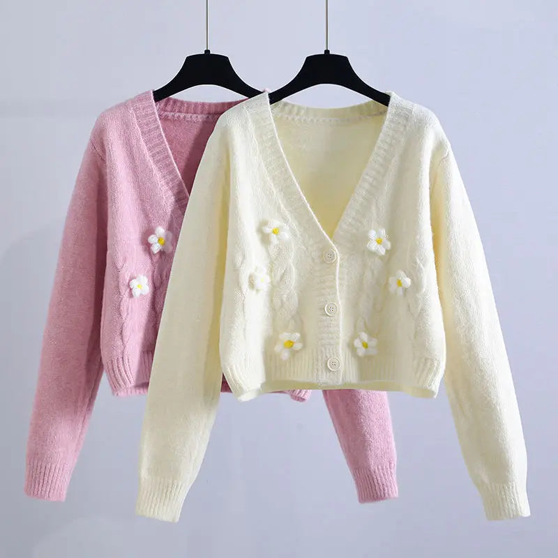 Strickjacke für den Herbst mit Blumenstickerei – Modischer Cardigan mit Ballonärmeln