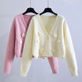 Strickjacke für den Herbst mit Blumenstickerei – Modischer Cardigan mit Ballonärmeln
