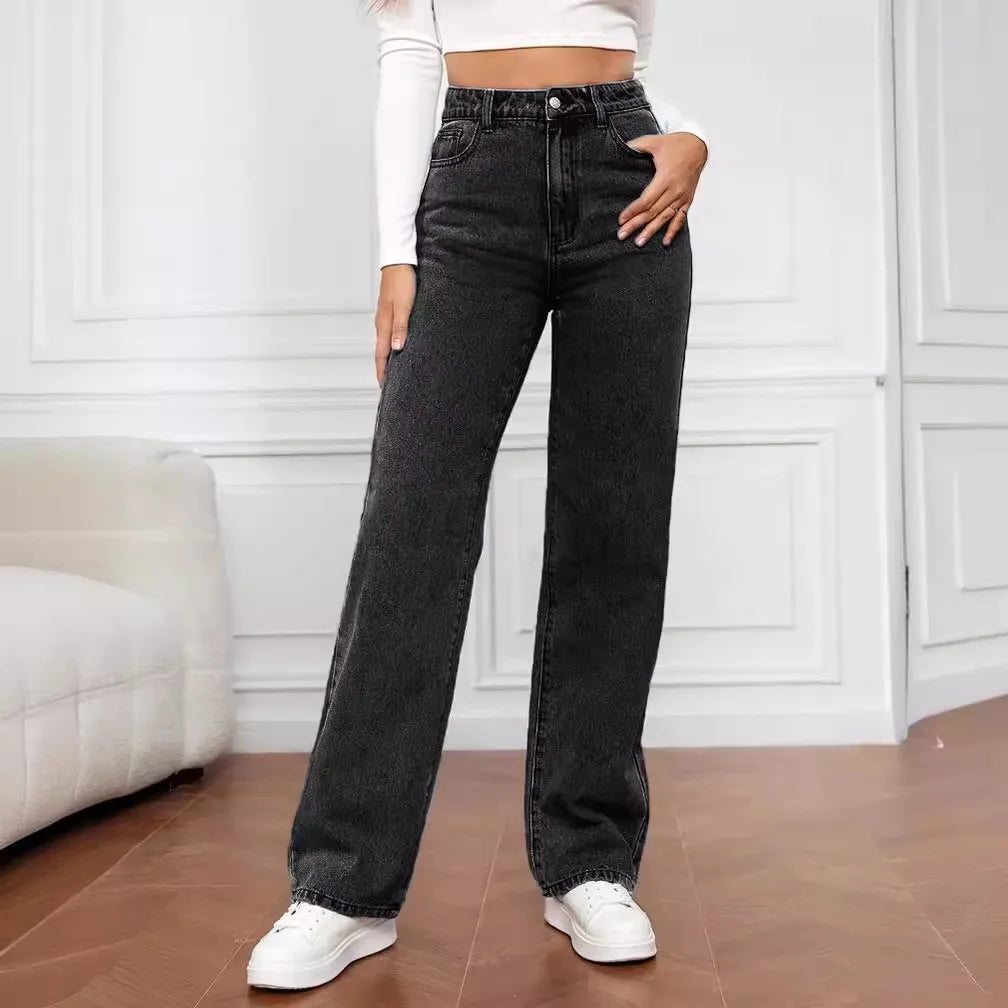Neue atmungsaktive Damen-Freizeithose aus Denim für den Herbst: knitterfrei, mittelhoher Bund, Regular Fit, gerader Schnitt, lange Passform, leicht elastisch.