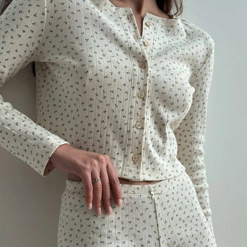QINSI 2-teiliges Pyjama-Set aus Pointelle-Strick – Langarm-Oberteil und Shorts für den Sommer, mit Blumenmuster