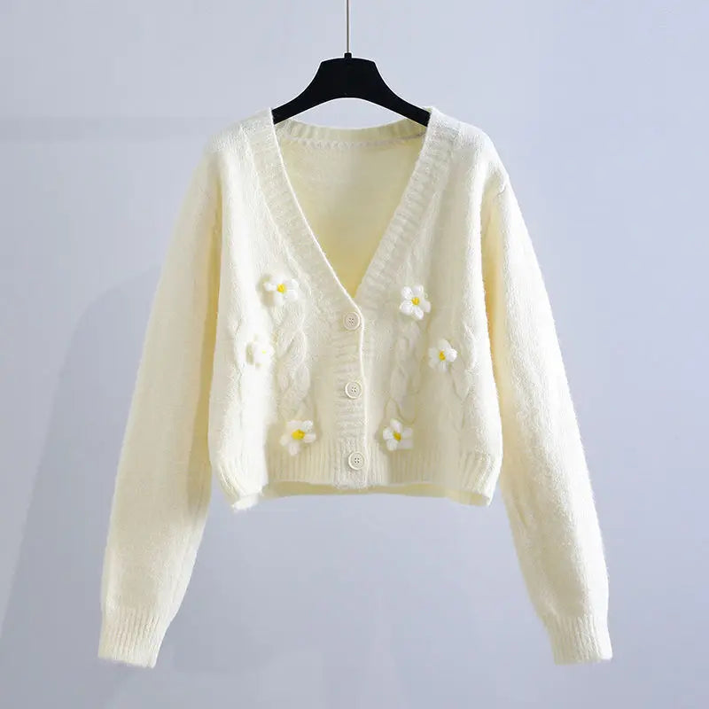 Strickjacke für den Herbst mit Blumenstickerei – Modischer Cardigan mit Ballonärmeln