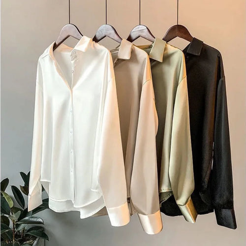 Damen-Satinbluse im koreanischen Retro-Stil – Langarm, unifarben, gerade geschnitten (ideal für Frühling & Herbst)