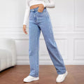 Neue atmungsaktive Damen-Freizeithose aus Denim für den Herbst: knitterfrei, mittelhoher Bund, Regular Fit, gerader Schnitt, lange Passform, leicht elastisch.