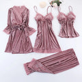 Neues 3-teiliges Damen-Pyjama-Set aus goldenem Samt warm, sexy mit Spitze, ideal als Winter-Nachtwäsche oder Homewear