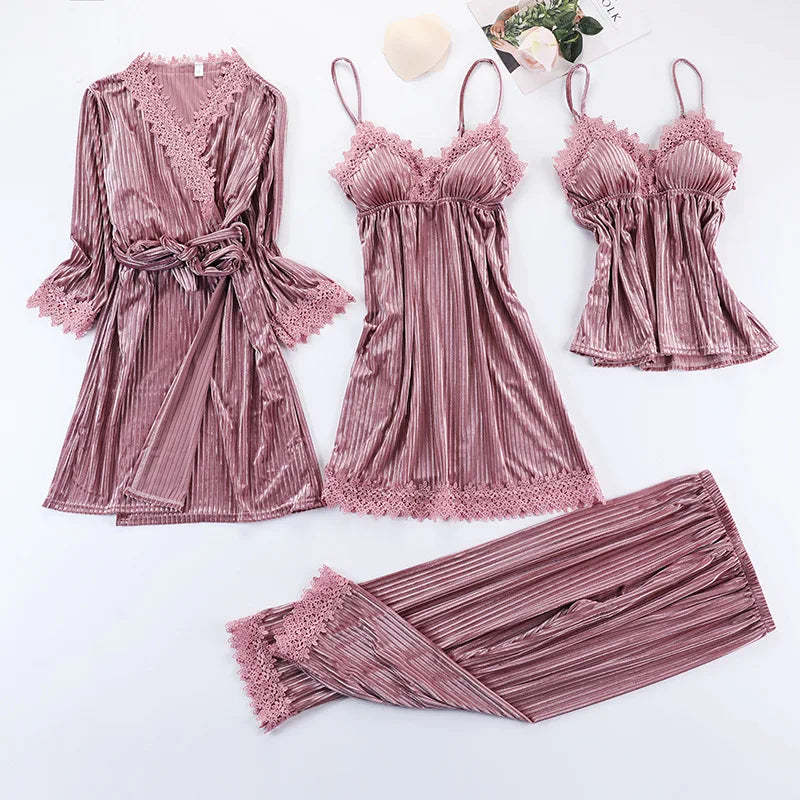 Neues 3-teiliges Damen-Pyjama-Set aus goldenem Samt warm, sexy mit Spitze, ideal als Winter-Nachtwäsche oder Homewear