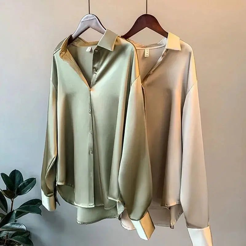 Damen-Satinbluse im koreanischen Retro-Stil – Langarm, unifarben, gerade geschnitten (ideal für Frühling & Herbst)