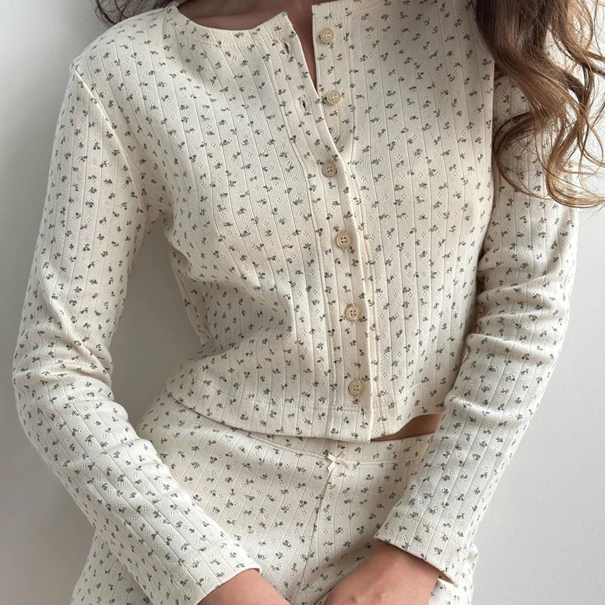 QINSI 2-teiliges Pyjama-Set aus Pointelle-Strick – Langarm-Oberteil und Shorts für den Sommer, mit Blumenmuster