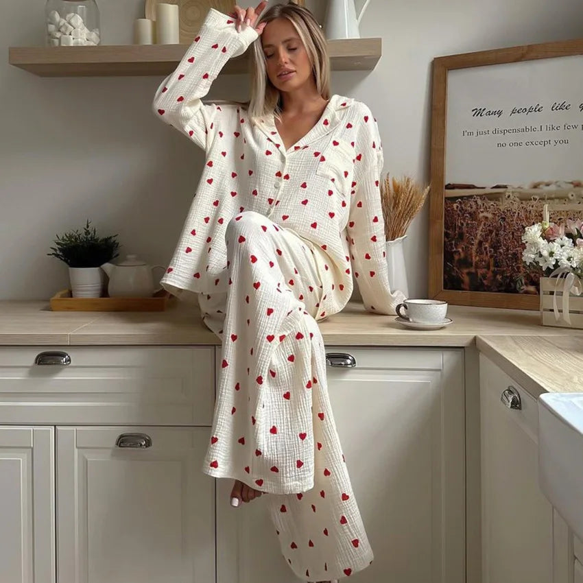 Kuscheliges 2-teiliges Damen-Schlafanzug-Set für den Winter – Langarm-Pyjama mit süßem Herzmuster