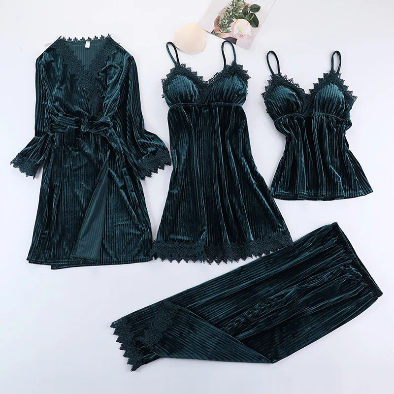 Neues 3-teiliges Damen-Pyjama-Set aus goldenem Samt warm, sexy mit Spitze, ideal als Winter-Nachtwäsche oder Homewear