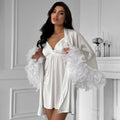 Weißes Pyjama-Set mit Rüschen und Nachthemd für Damen – Satin-Morgenmantel mit Federbesatz, sexy Nachtwäsche-Set