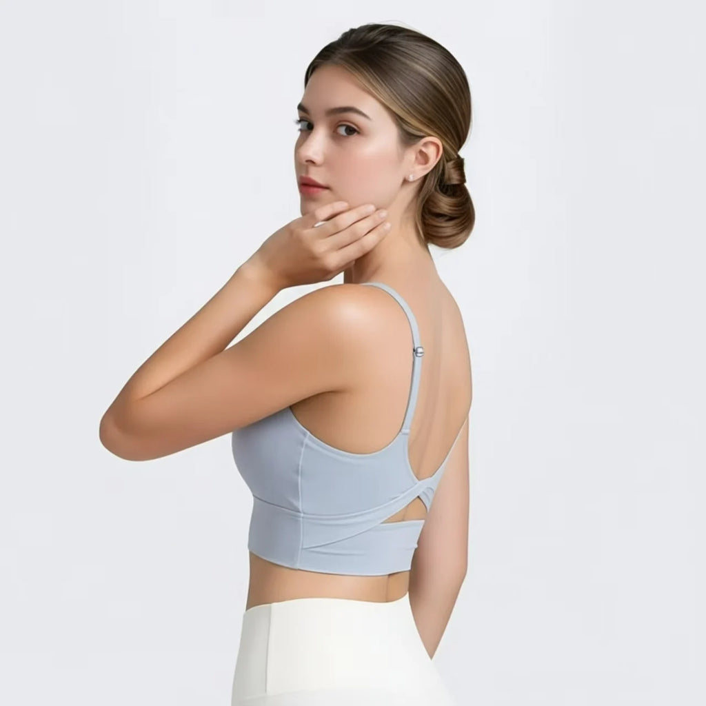 Sport-Top für Damen mit U-Ausschnitt, „Naked-Feeling“-Material, verdrehtem Knoten-Detail, figurbetontem Schnitt und offenem Rücken – figurformende Fitness-Unterwäsche für den Sommer