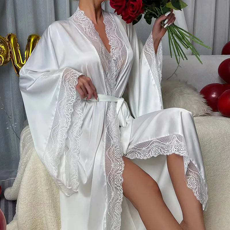 Modischer Damen-Bademantel aus Satin und Spitze mit langen Ärmeln – kühlendes Material