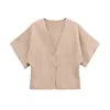 Neue schlichte, sportliche Damen-Strickjacke mit V-Ausschnitt und kurzen Ärmeln – Sehe Fashion