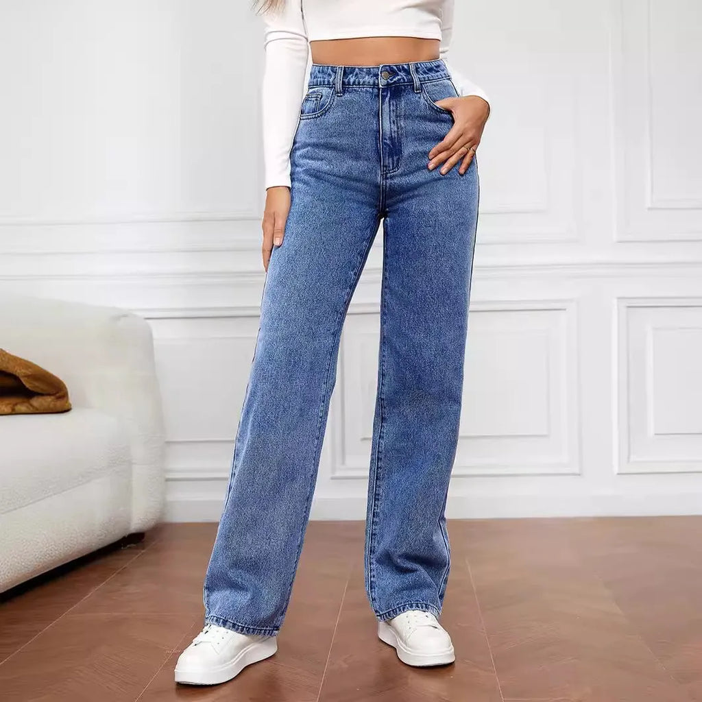 Neue atmungsaktive Damen-Freizeithose aus Denim für den Herbst: knitterfrei, mittelhoher Bund, Regular Fit, gerader Schnitt, lange Passform, leicht elastisch.