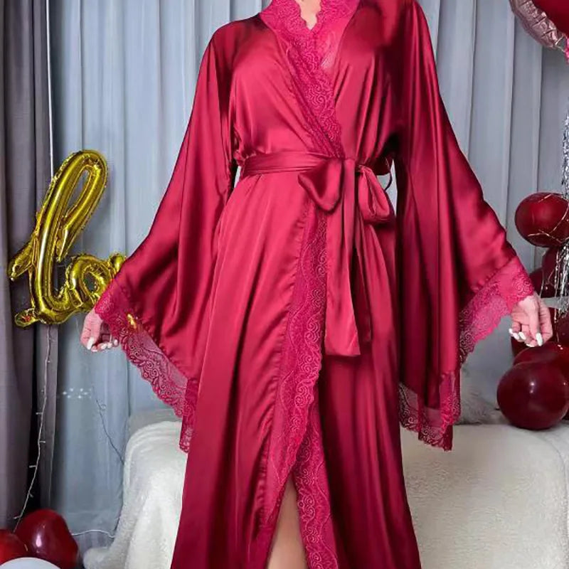 Modischer Damen-Bademantel aus Satin und Spitze mit langen Ärmeln – kühlendes Material