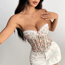 Modisches Sommer-Corset-Top für Damen im angesagten „Pure Desire“- und „Hot & Spicy“-Stil, mit Blumenstickerei, Bügeln und eingearbeiteten Stäbchen.