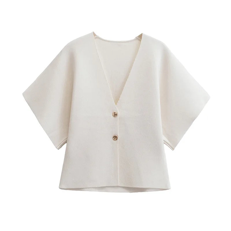 Neue schlichte, sportliche Damen-Strickjacke mit V-Ausschnitt und kurzen Ärmeln – Sehe Fashion