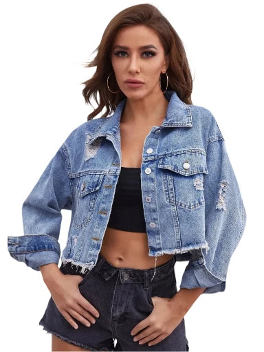 YUANBOFEI Damen-Jeansjacke (Cropped-Schnitt) im Baggy-Fit – Lässige Streetwear-Jacke mit Destroyed-Effekten und ausgefranstem Saum
