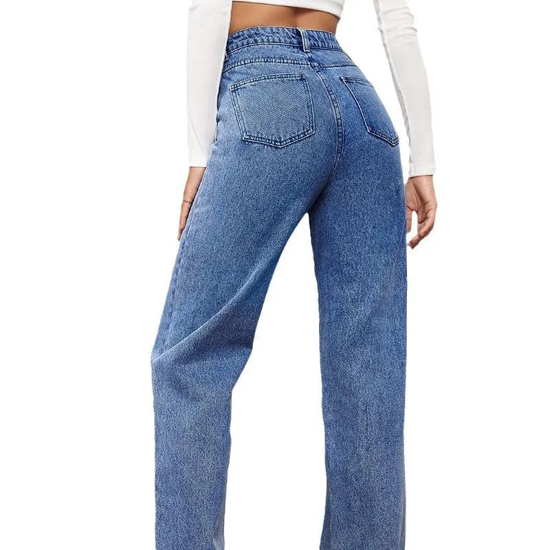Neue atmungsaktive Damen-Freizeithose aus Denim für den Herbst: knitterfrei, mittelhoher Bund, Regular Fit, gerader Schnitt, lange Passform, leicht elastisch.