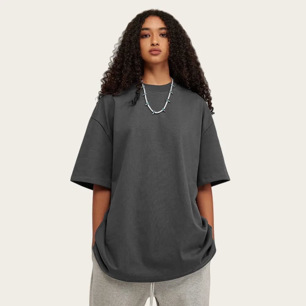 Hochwertiges Damen-T-Shirt aus 100 % Baumwolle legerer Schnitt mit überschnittenen Schultern, unbedruckt/einfarbig, schwere Qualität