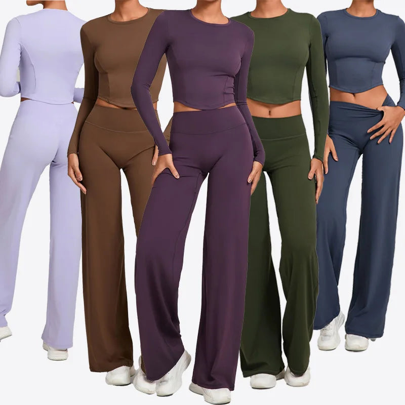 Figurbetontes -sport Set für Damen: Langärmeliges Crop-Top & ausgestellte Hose mit hoher Taille