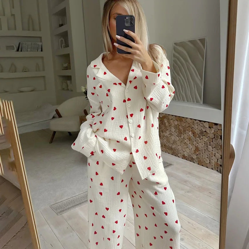 Kuscheliges 2-teiliges Damen-Schlafanzug-Set für den Winter – Langarm-Pyjama mit süßem Herzmuster