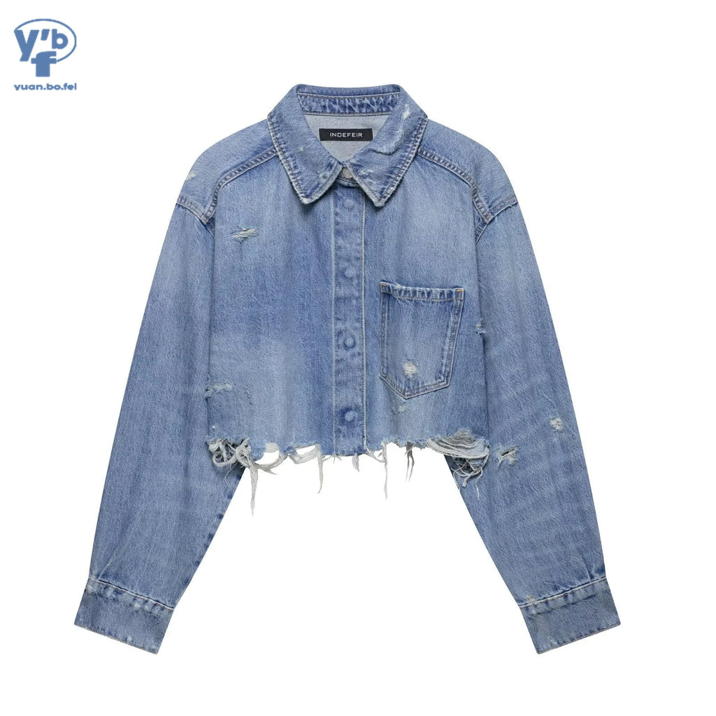 YUANBOFEI Damen-Jeansjacke – Kurze Jeansjacke im Destroyed-Look – Vintage-Oberbekleidung