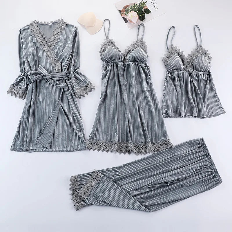 Neues 3-teiliges Damen-Pyjama-Set aus goldenem Samt warm, sexy mit Spitze, ideal als Winter-Nachtwäsche oder Homewear