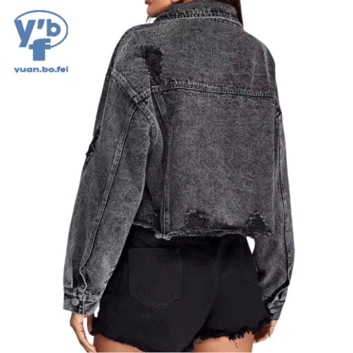 YUANBOFEI Damen-Jeansjacke (Cropped-Schnitt) im Baggy-Fit – Lässige Streetwear-Jacke mit Destroyed-Effekten und ausgefranstem Saum