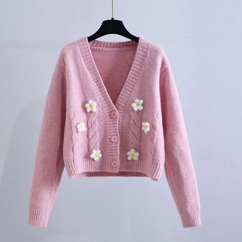 Strickjacke für den Herbst mit Blumenstickerei – Modischer Cardigan mit Ballonärmeln